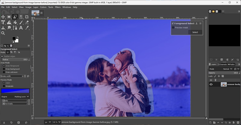 gimp selección de primer plano